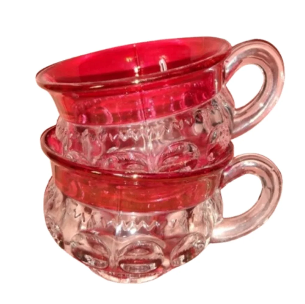 4 Cups Heavy Vintage Kings Crown Ruby Red Flash Thumbprint Coffee Cup Set Tiffin